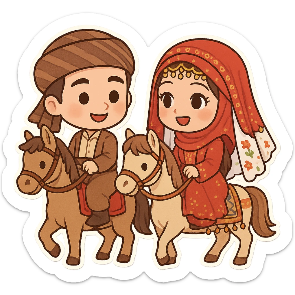 cartoon sticker of Kurdish bride and groom in traditional clothing, each separately riding a horse, both in the same frame and scene like an old Kurdish wedding ceremony, joyful and colorful, no text, suitable for WhatsApp and Instagram, transparent background sticker