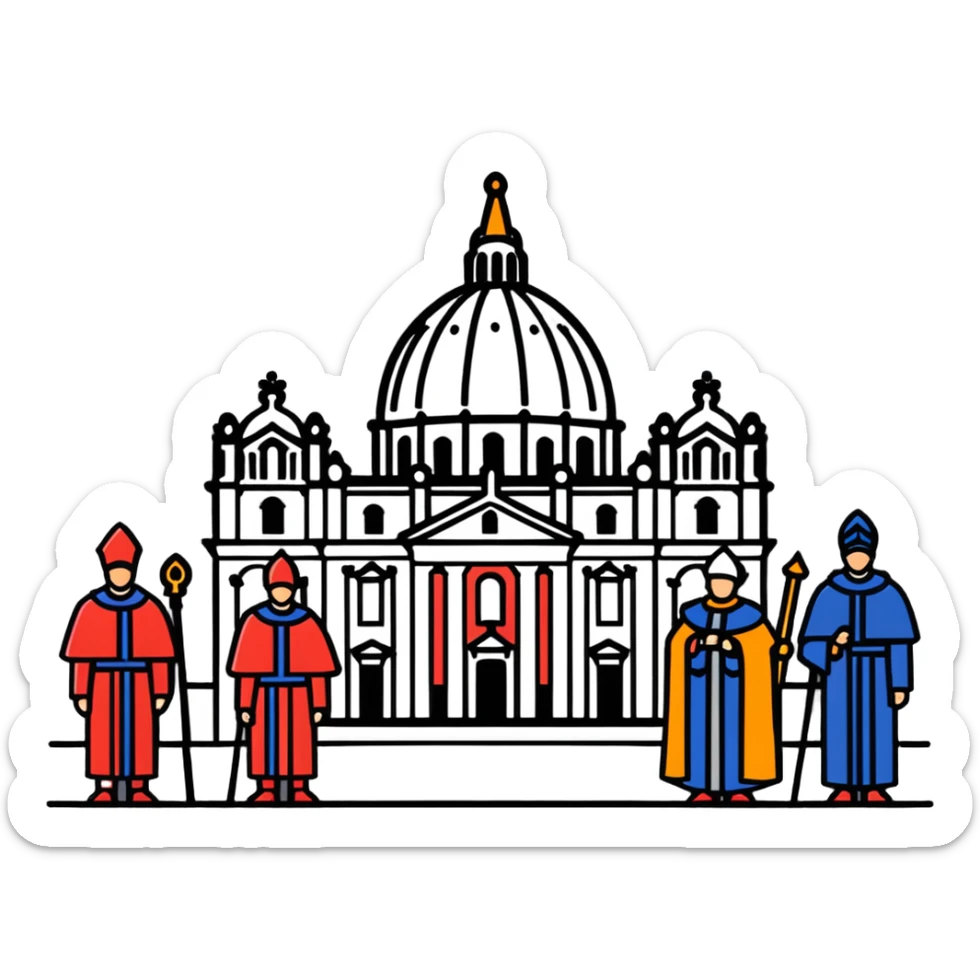 A solemn papal funeral scene with St. Peter's Basilica, Swiss Guards, and mourning cardinals sticker