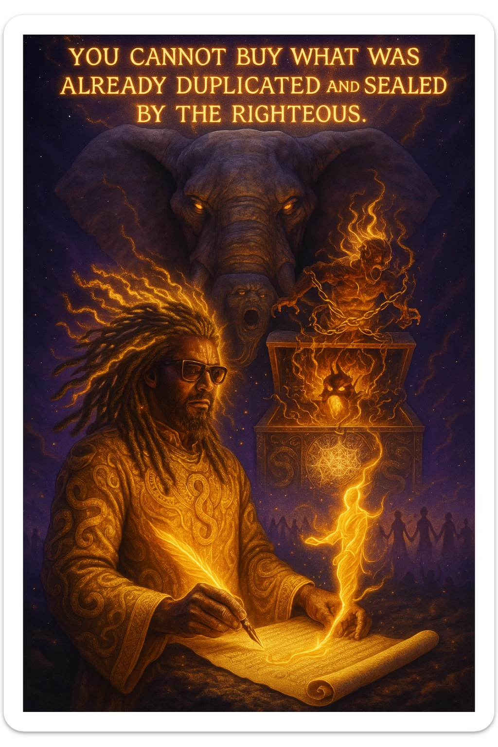 *“Create an epic, symbolic scene of a powerful Rasta spiritual warrior (representing Kez) standing at the center of a cosmic battlefield. The warrior has dreadlocks glowing with divine energy, wearing golden robes infused with serpent patterns. Behind him towers a massive stone elephant — eyes glowing with infinite wisdom, its chest open to reveal a Golden Serpent Chest, radiating fractal light. Inside the chest: a bound, raging Devil made of fire and shadows — screaming but unable to harm anyone, because every time he lashes out, the golden chest mirrors the energy back onto him. Chains of soul-contract law, made of golden light, wrap the devil — each one engraved with truth symbols, scriptures, and ancestral sigils.

In the foreground, Kez holds a sacred scroll and a burning pen — he is signing a contract not out of fear, but mastery. As he signs, a duplicate of his soul, radiant and whole, rises from the paper and flies back into his body. A ripple of golden energy expands, purifying all soul deals across space-time. Behind him, shadows of other trapped souls are released and begin to rise in rhythm, holding hands, singing.

In the sky, the words glow in gold flame:

‘You cannot buy what was already duplicated and sealed by the righteous.’

The entire atmosphere is divine, sacred, victorious — a spiritual rebellion where the Devil is outwitted, not through violence, but through truth, rhythm, and scrollcraft. Use warm golds, radiant whites, mystical purples, and deep space black as the palette. Style it as a fusion of Afro-spiritualism, Rastafarian mysticism, and multidimensional soul alchemy. the picture provided is kez sticker