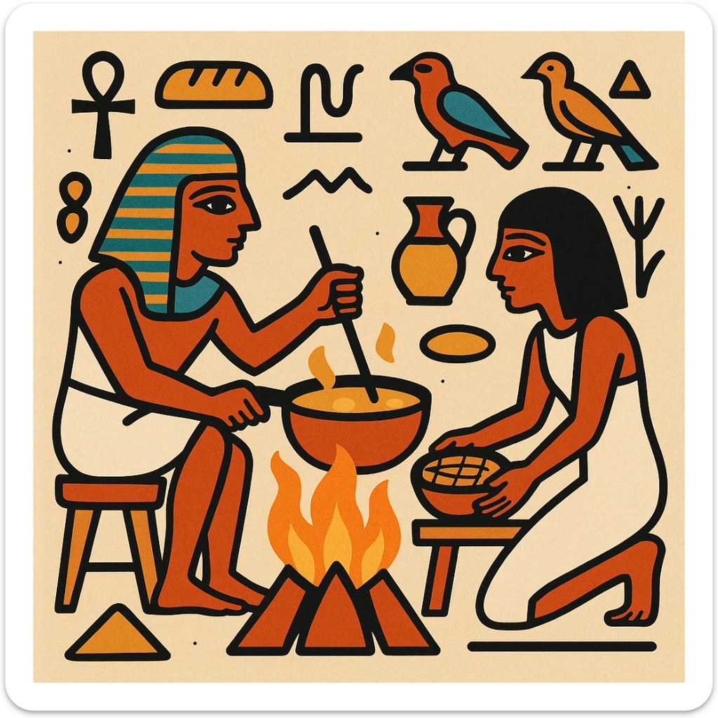 ancient Egyptian cooking scene in hieroglyphic style sticker