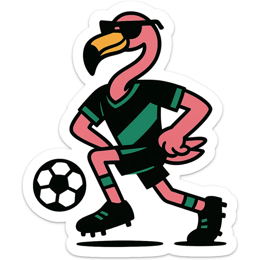 flamingo soccer player in sunglasses and a black and green jersey sticker