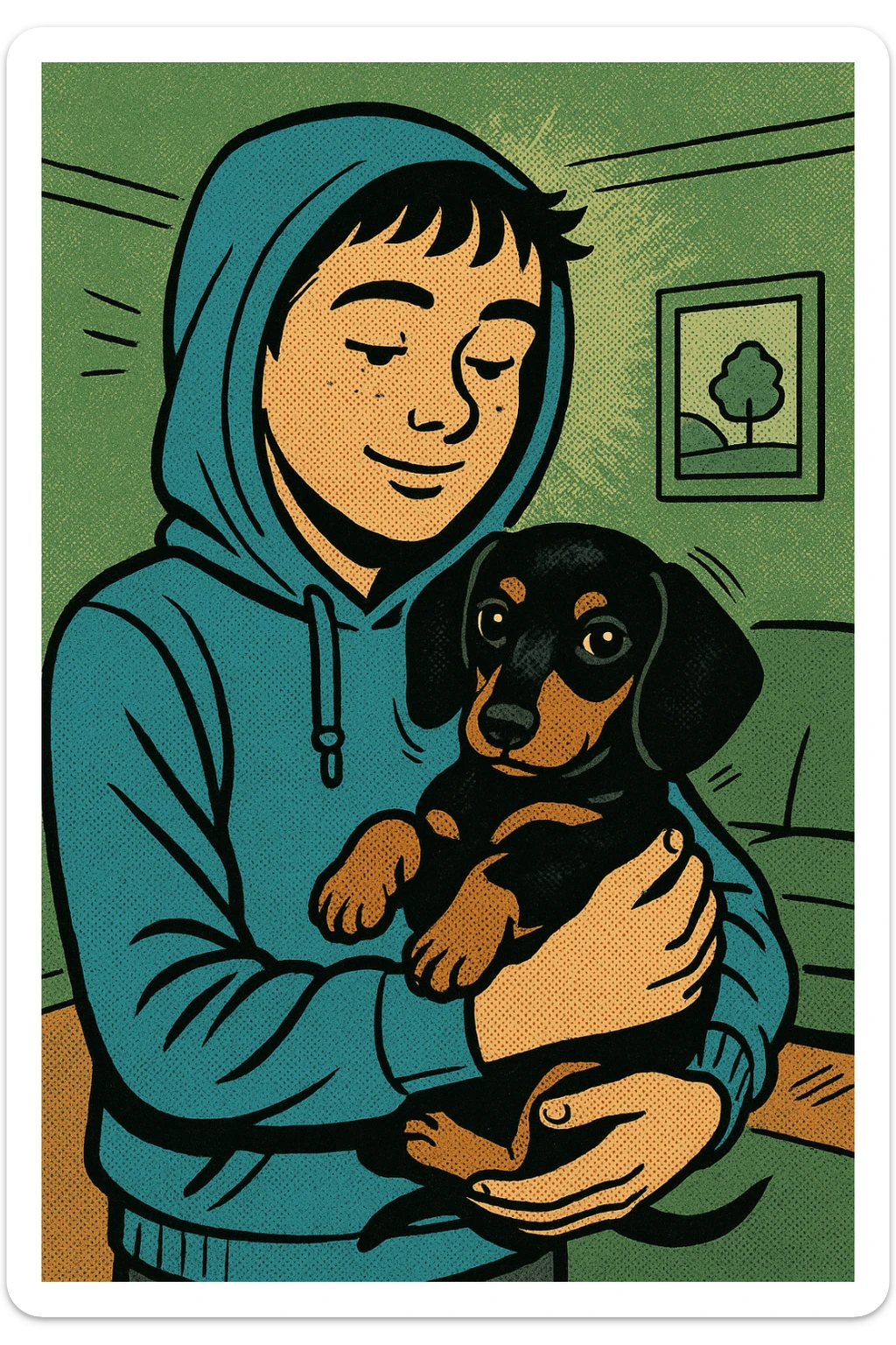A modern day teenager wearing a blue hoodie with a black and tan puppy dachshund in a green living room sticker