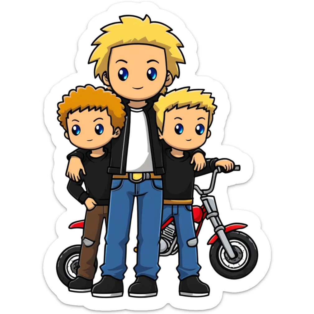 A super tall kid about 8/2 with blue eyes and blond hair baggy jeans with a moto shirt for the tall guy standing next to a 2,1 on a dirt bike with brown fluffy hair and green eyes and a black moto shirt they should be sanding next to each other sticker