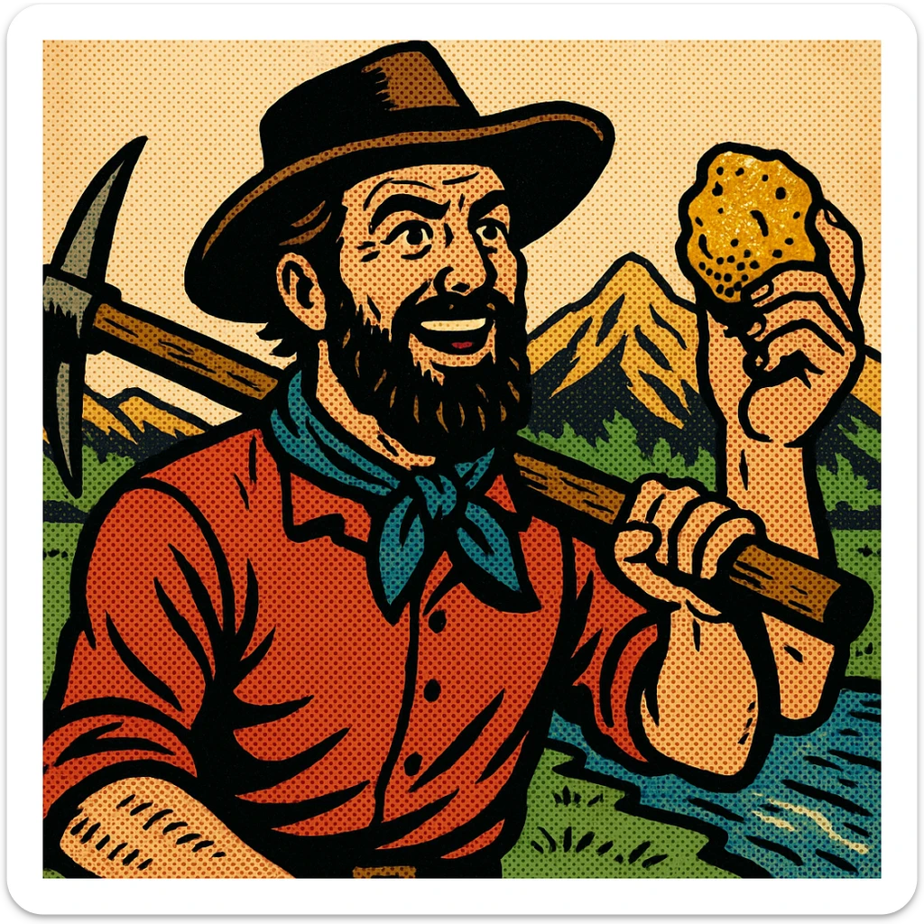 A male gold prospector in the 1840s in California holding up a nugget of gold and carrying a pickaxe.  In the background are mountains and a stream. sticker