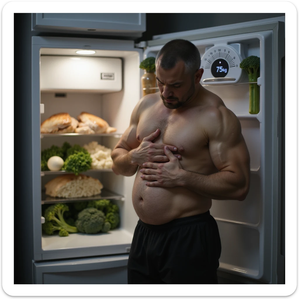 hyperrealistic 4K image of a man in gym clothes clutching his bloated stomach with an expression of discomfort, standing next to a bathroom scale showing '75kg', gym and kitchen atmosphere, open fridge in the background full of chicken, rice, and broccoli sticker