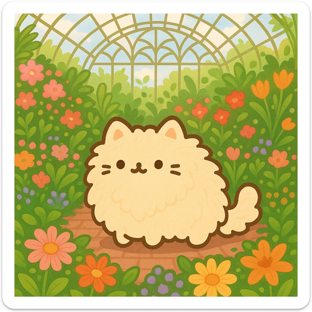 pusheen-style fluffy blonde kitten in a botanical garden greenhouse filled with flowers sticker