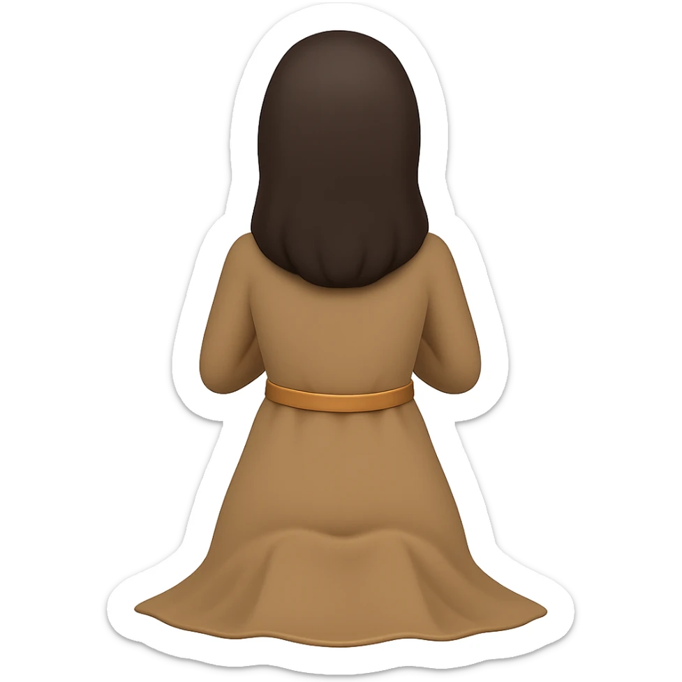 Edit the image to show a woman kneeling and praying from the back view, wearing a long tan dress and having dark brown hair. The style should resemble emoji style. Remove the background completely. sticker