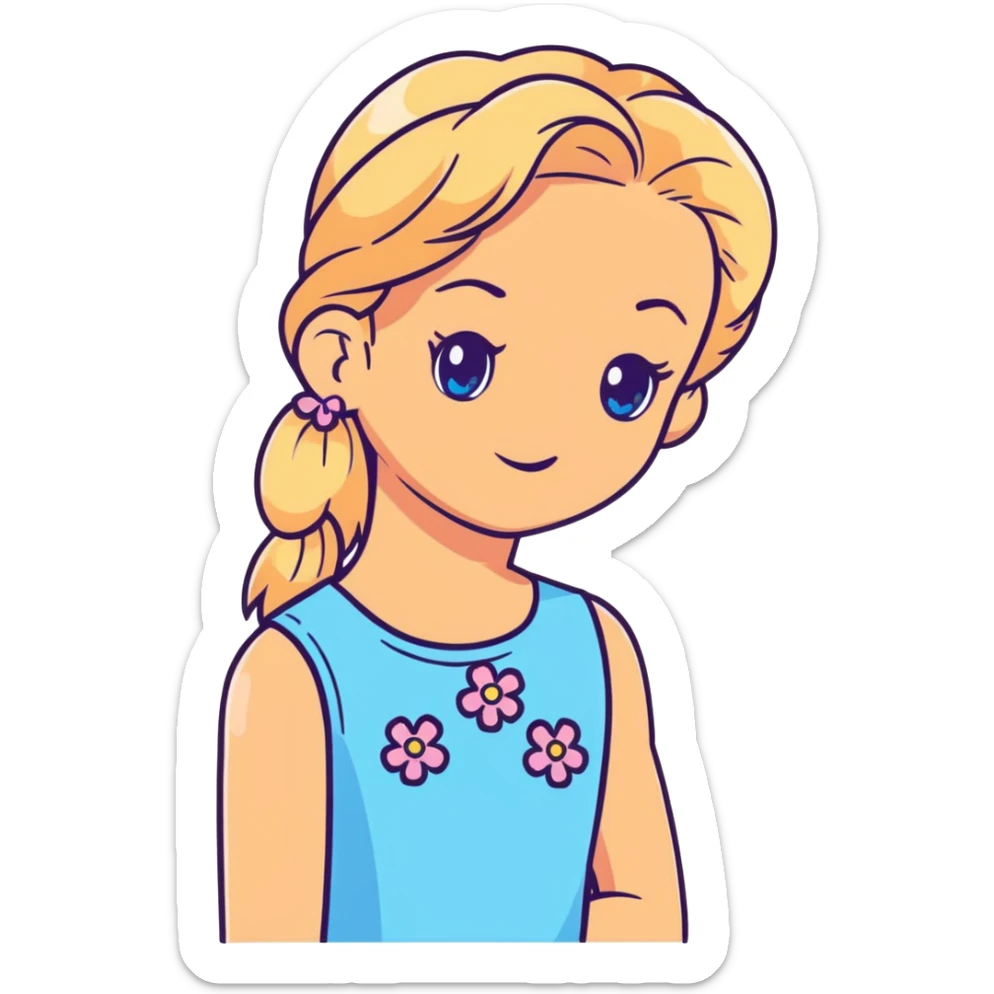 preppy coastal teen girl with blue eyes, beach blonde hair, tan skin, small flowers in her ear, preppy beach outfit sticker