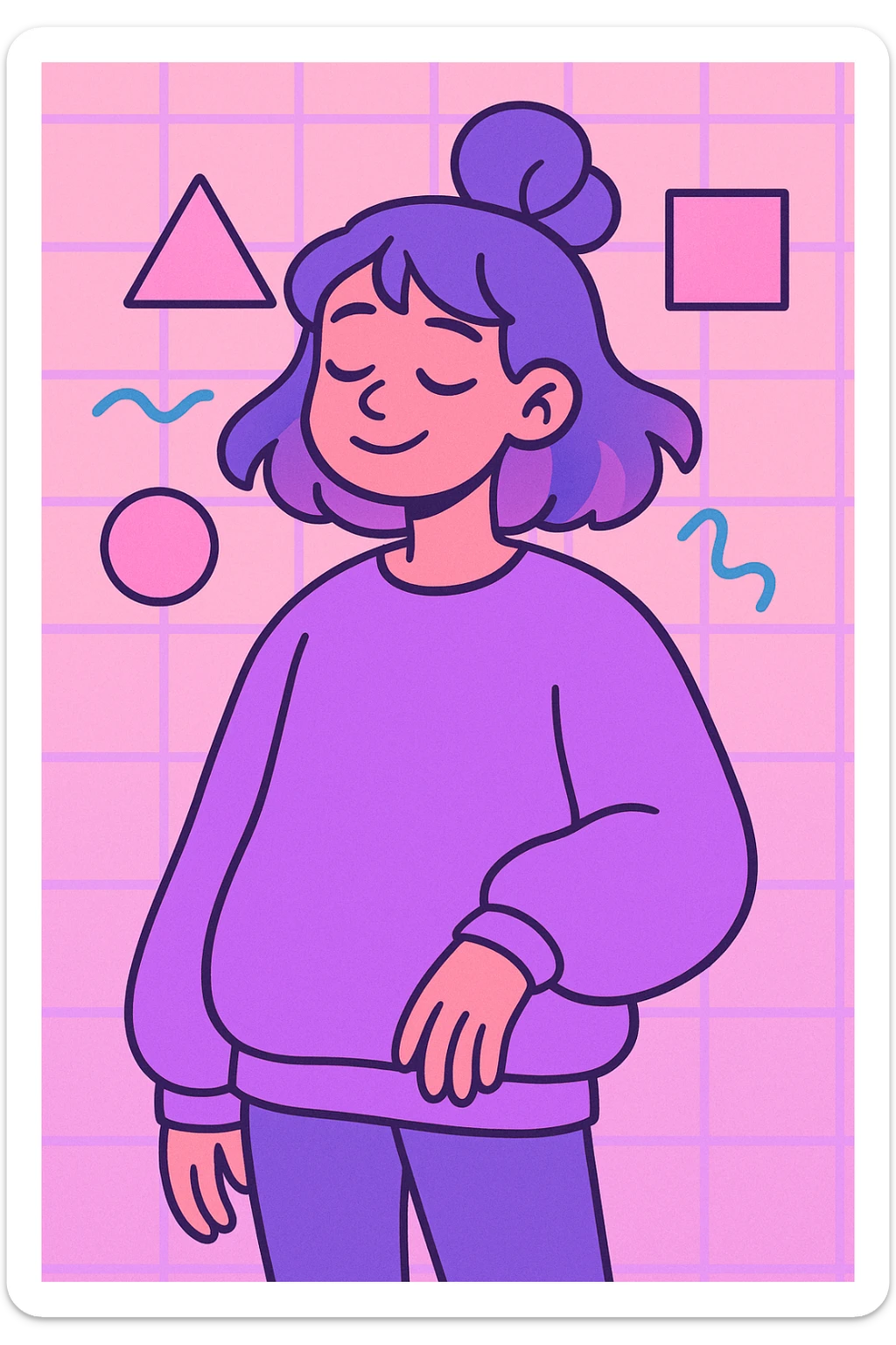 vaporwave chill girl, oversized sweater, geometric shapes, purple and pink tones, relaxed expression sticker