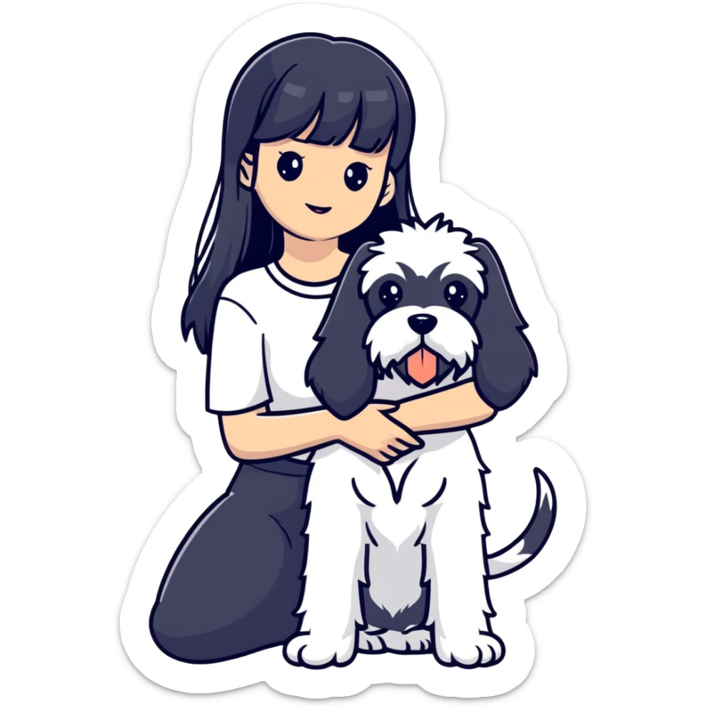 Girl with long black hair and bangs holding a white schnauzer dog sticker