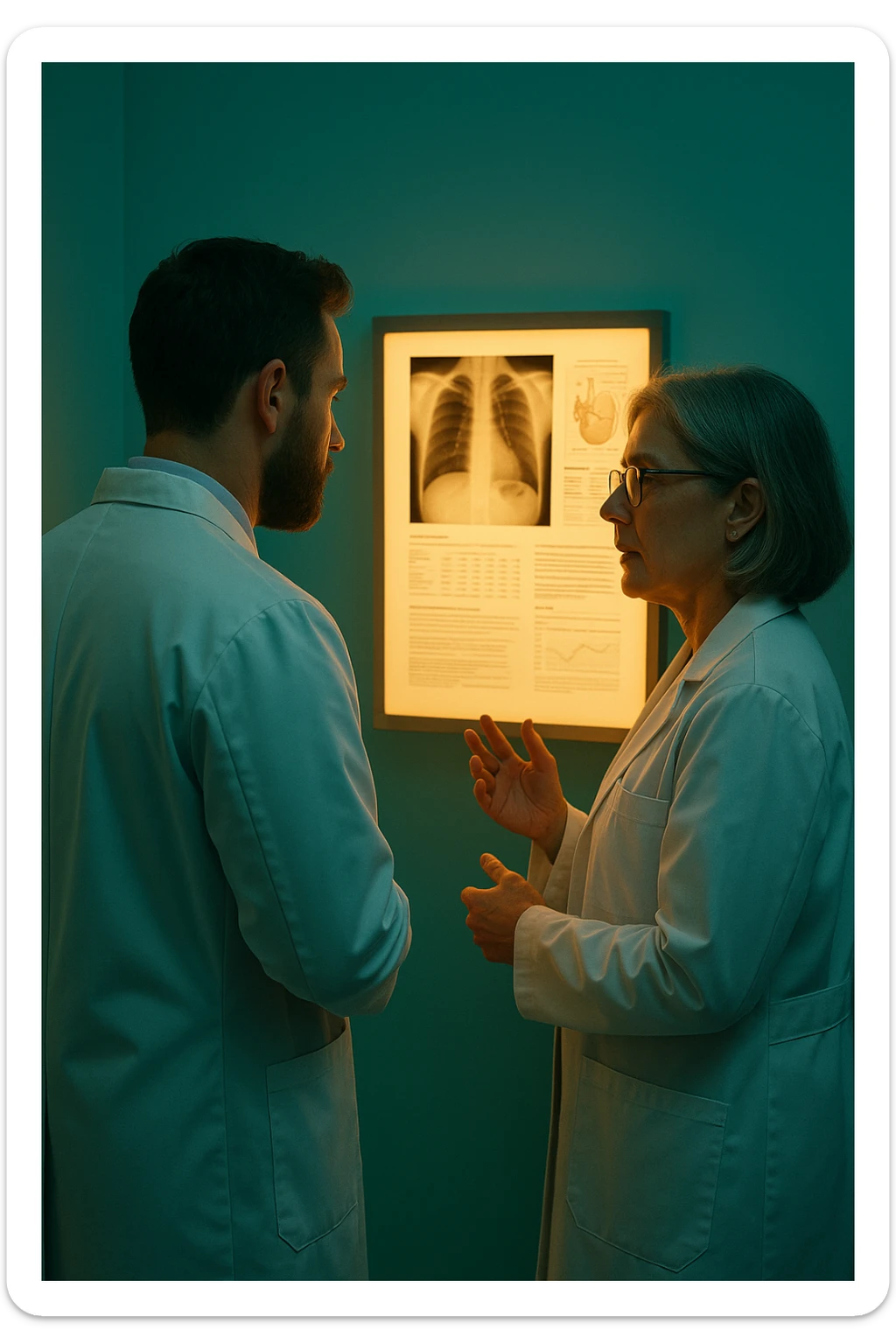 Realistic, detailed photo taken from behind of two doctors—a bearded man and a middle-aged woman—standing and facing each other as they discuss a diagnosis in front of a medical chart. The scene is illuminated by a yellowish, orange, warm light that softly envelops the doctors. The entire room is bathed in a single green-blue color, creating a cohesive and modern atmosphere. Both doctors wear white coats, and their body language suggests a serious, professional conversation. Shot with a Canon EOS R5, with high detail and natural depth of field. sticker