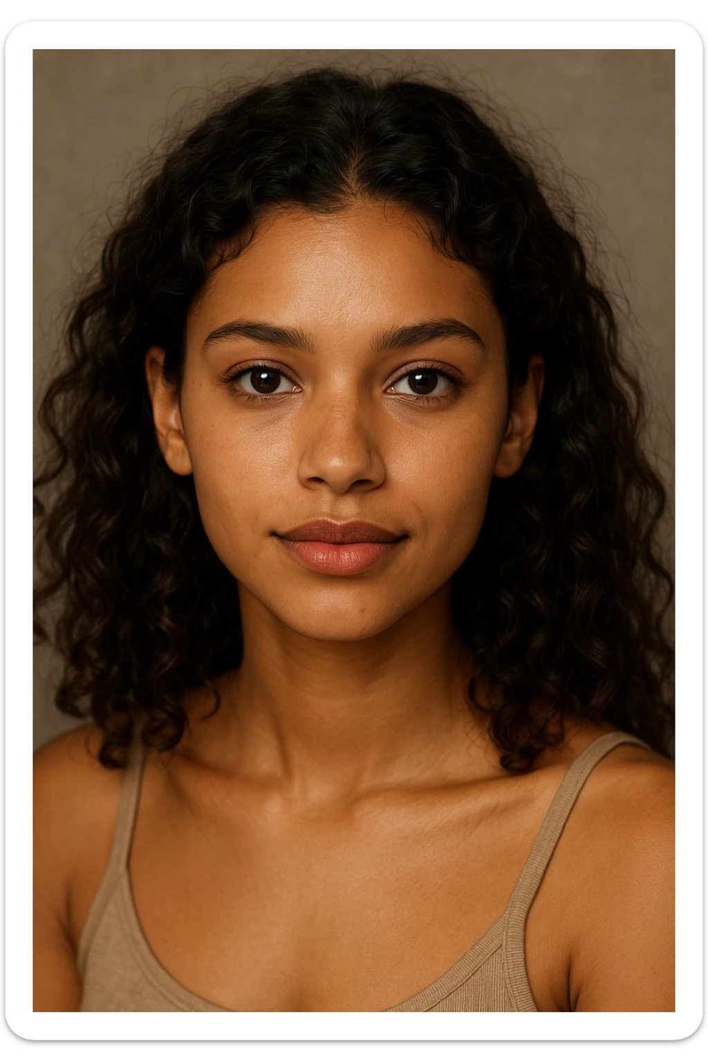 pretty girl with tan skin, dark medium-length brown curly hair, dark brown eyes, thin eyebrows, medium-sized full lips with a heart-shaped cupid's bow sticker