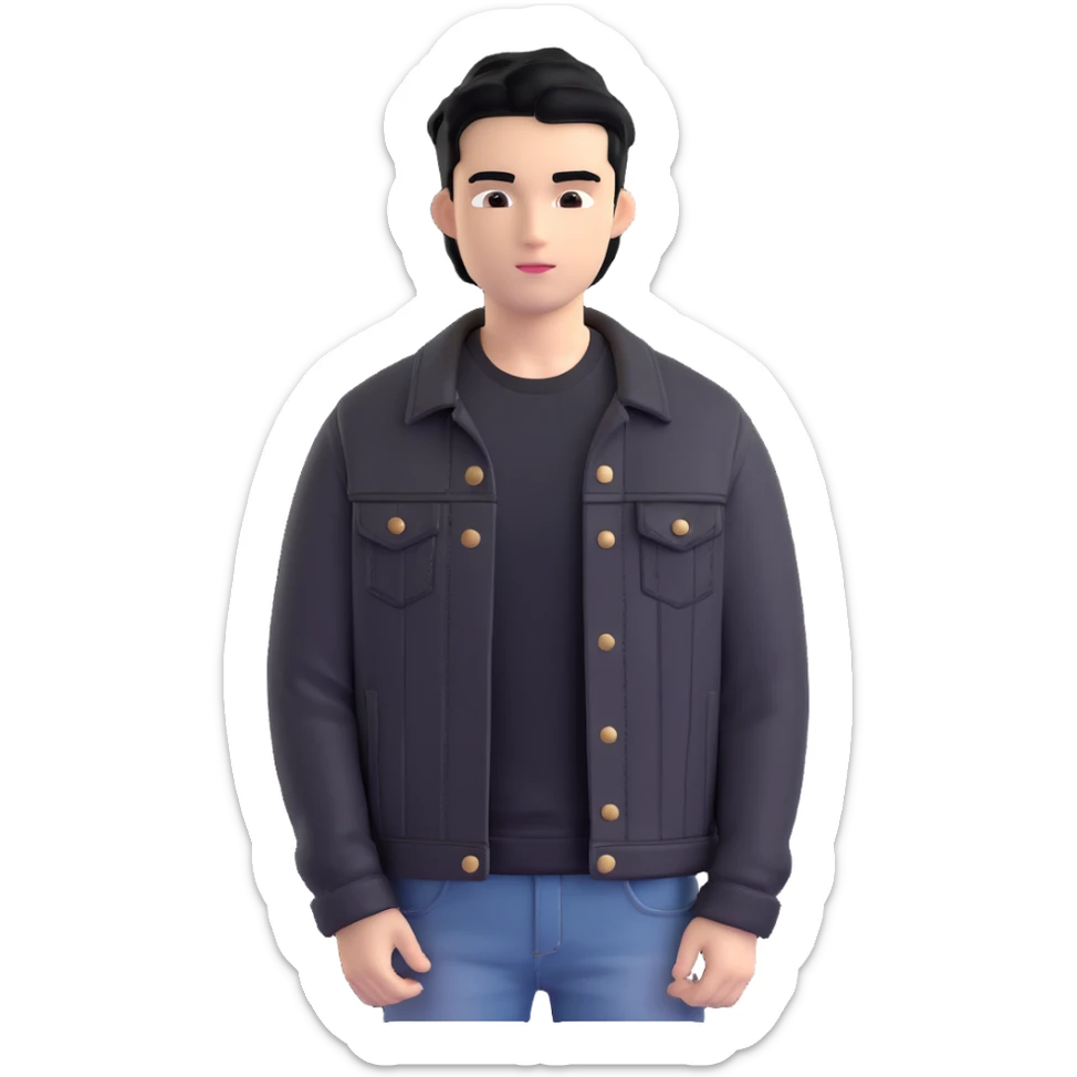 3D emoji Microsoft style, young man with black hair, wearing black t-shirt and black denim jacket, based on photo reference, slight shadow on face sticker