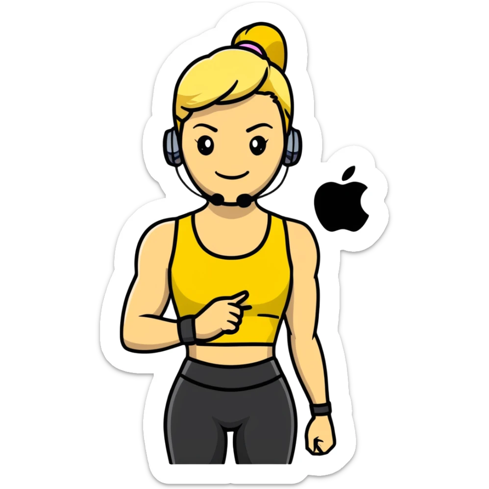 Sporty blonde woman in yellow top and black leggings, showing bicep, smiling, with wireless earbud and Apple Watch sticker
