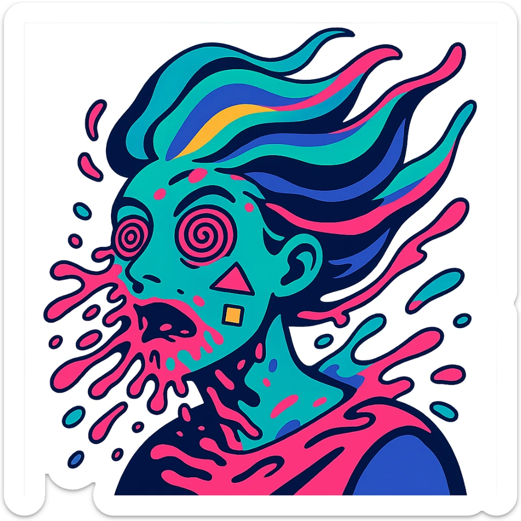 surreal portrait, neon turquoise and electric pink skin, face melting into swirling paint particles, hair as liquid aurora, spiral eyes, geometric shapes on face, dynamic movement sticker