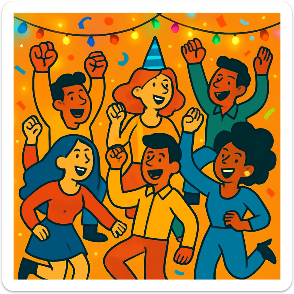 A new scene of party people jumping and cheering, vibrant cartoon style, with streamers and colorful lights. sticker