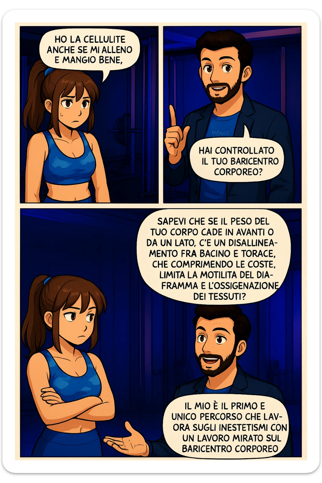 PRENDI SPUNTO DA QUESTO STILE FACENDO UN WEBTOON/MANGA:

LEI (DONNA): Ho la cellulite anche se mi alleno e mangio bene, cosa posso fare?

LUI (UOMO): Hai controllato il tuo baricentro corporeo?
LUI (UOMO): Sapevi che se il peso del tuo corpo cade in avanti o da un lato, c’è un disallineamento fra bacino e torace, che comprimendo le coste, limita la motilità del diaframma e l’ossigenazione dei tessuti?
LUI (UOMO): Il mio è il primo e unico percorso che lavora sugli inestetismi con un lavoro mirato sul baricentro corporeo. sticker