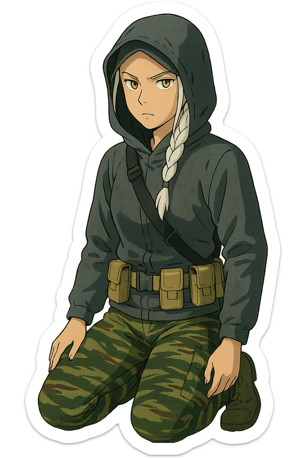 1 female, mid-20's  white hair long braid, gold yellow eyes, gray waterproof tactical shirt hoodie, hood up, single point sling, tan mag pouches on belt rig, tiger stripe camo pants, kneeling, stern focused expression sticker