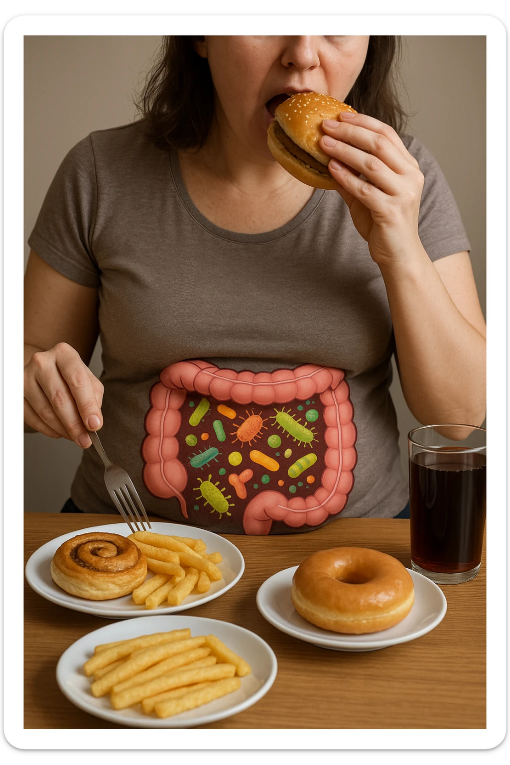 donna con batteri cattivi pieni nel suo intestino immagini realistiche mangia alimentazione ricca di glutine e zuccheri alimentando tutti i batteri cattivi sticker
