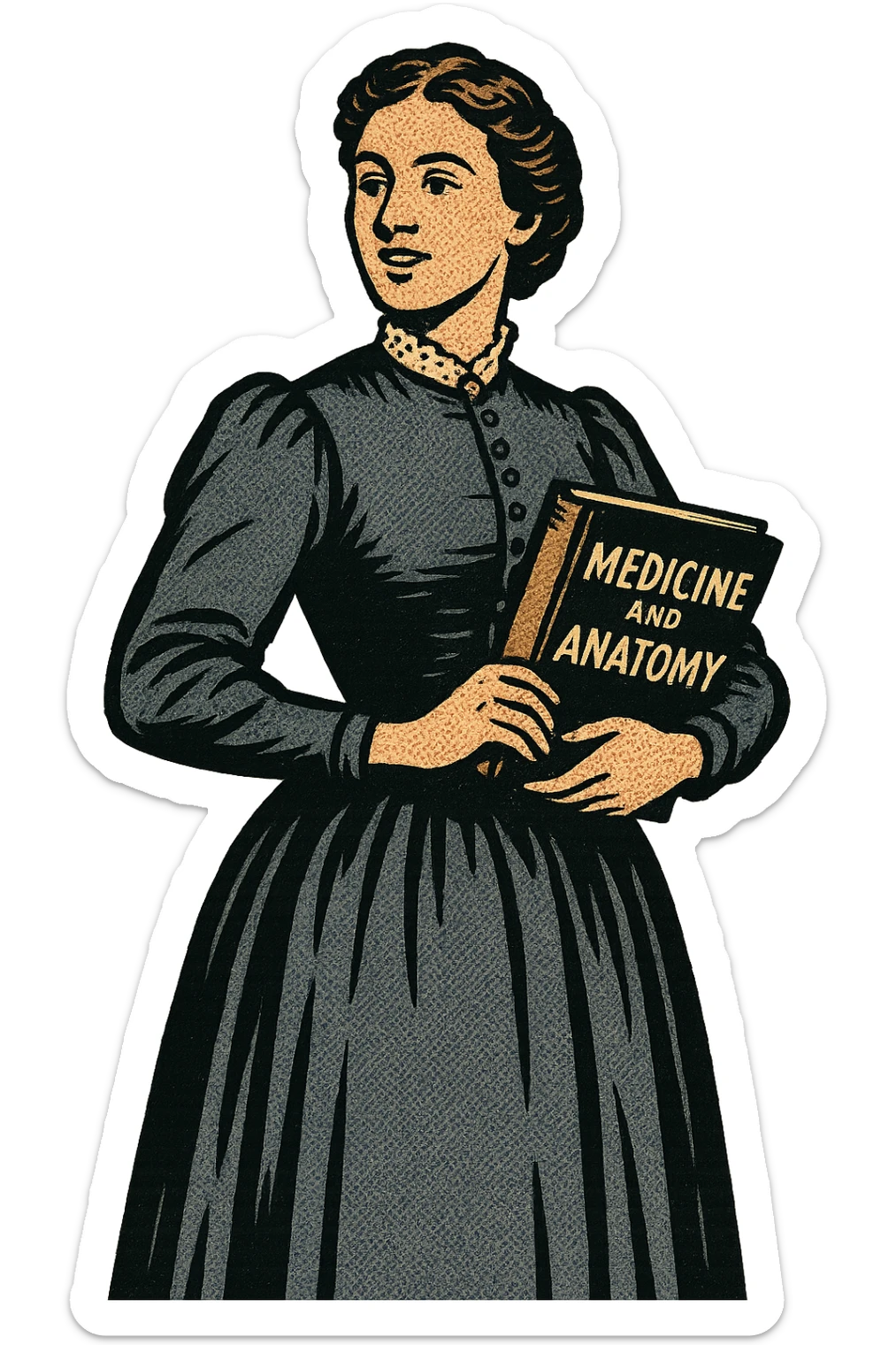 The full body of a victorian lady like Elizabeth Garrett Anderson holding a book about Medicine and Anatomy sticker