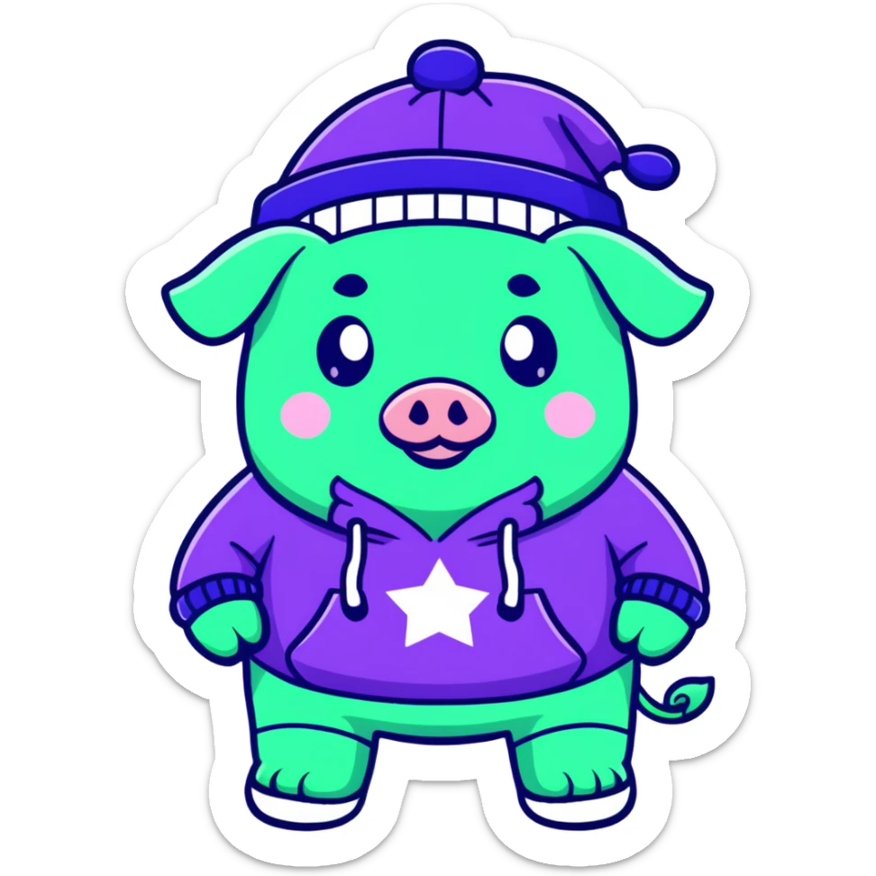 A green pig, in a purple sweatshirt, with a purple cap with a pattern of stars on his head sticker