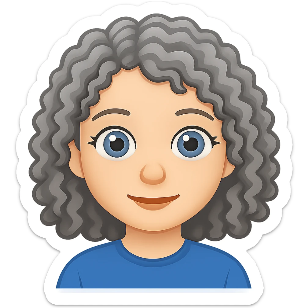 Create an emoji style image of a girl with grey, loose curly hair and blue eyes. The image should have no background. Emulate the emoji style in the design. sticker