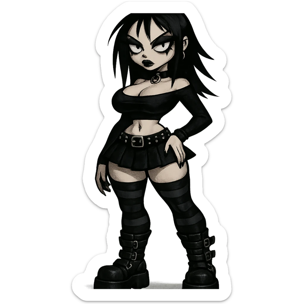 goth girl with exaggerated proportions in a dark, edgy style sticker