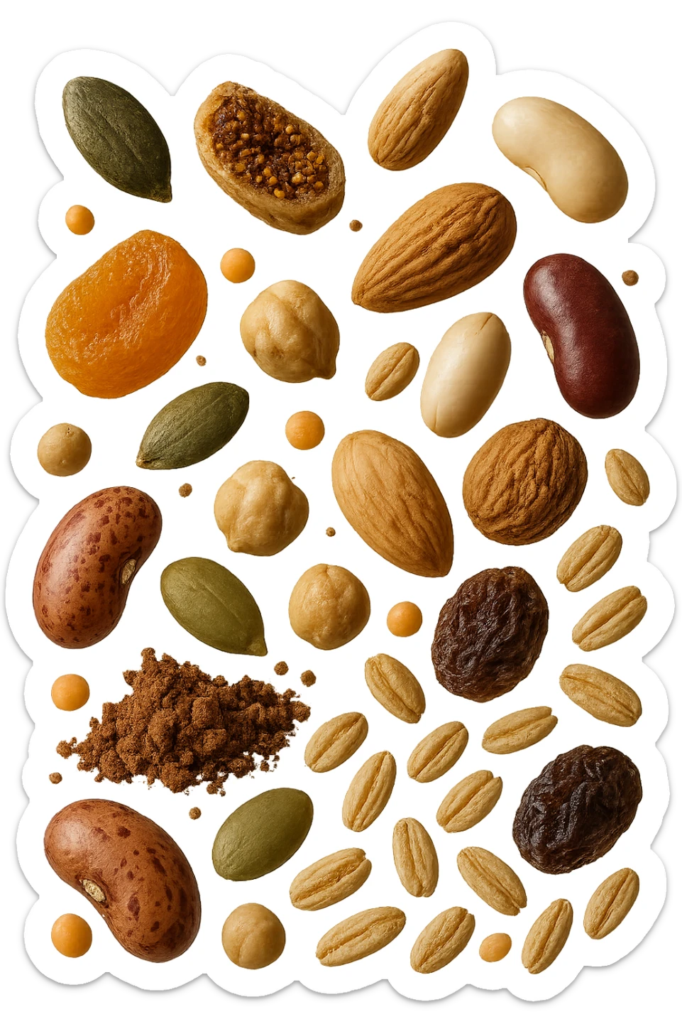 semi, frutta secca, legumi, cereali integrali, cacao amaro fluttuano in aria , iperrealistici 4k sticker