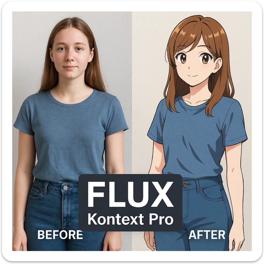 create before after image of a girl before is realsitic photo, after is anime version of her in same pose and clothes, add logo with text of a "FLUX Kontext Pro" sticker