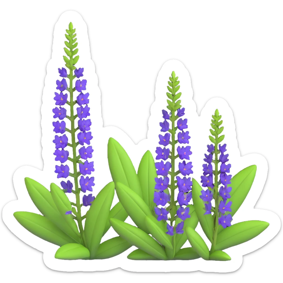 3D iOS emoji of Salvia nemorosa, with lush green leaves and tall purple blossoms, soft lighting, minimalistic yet realistic sticker
