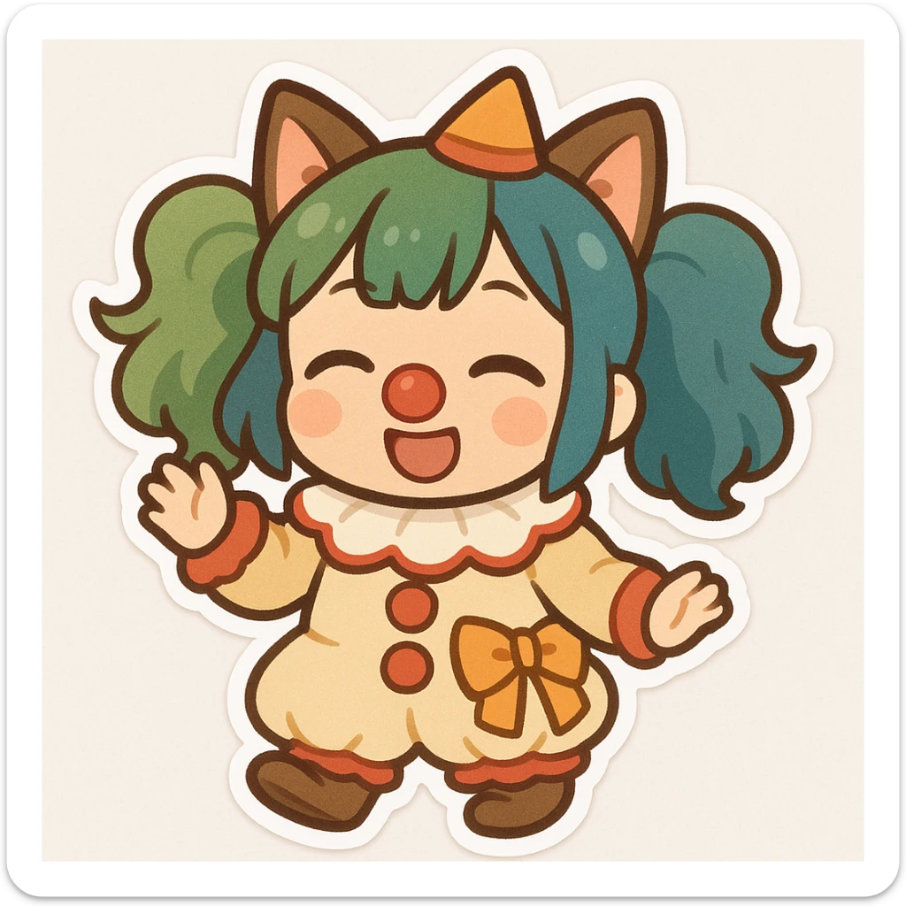 asian girl with cat ears, dressed like a clown, green and blue colored hair, chibi style sticker