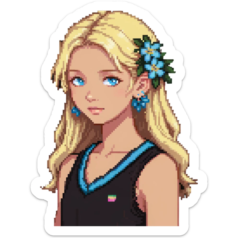 preppy coastal teen girl with blue eyes, beach blonde hair, tan skin, small flowers in her ear, preppy beach outfit sticker