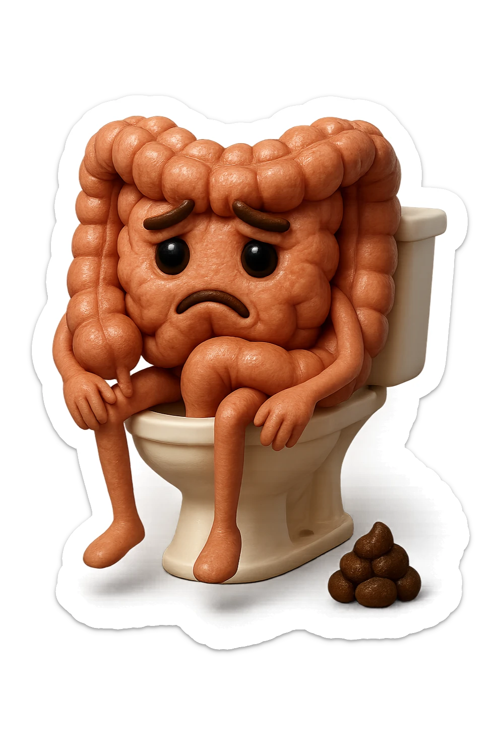 EMOJI STILE IPHONE 3D DI UN INTESTINO CHE sta seduto sul wc e davanti ha una montagnetta di feci a palline stile emoji iphone E FALLO MOLTO REALISTICO IN 3D sticker