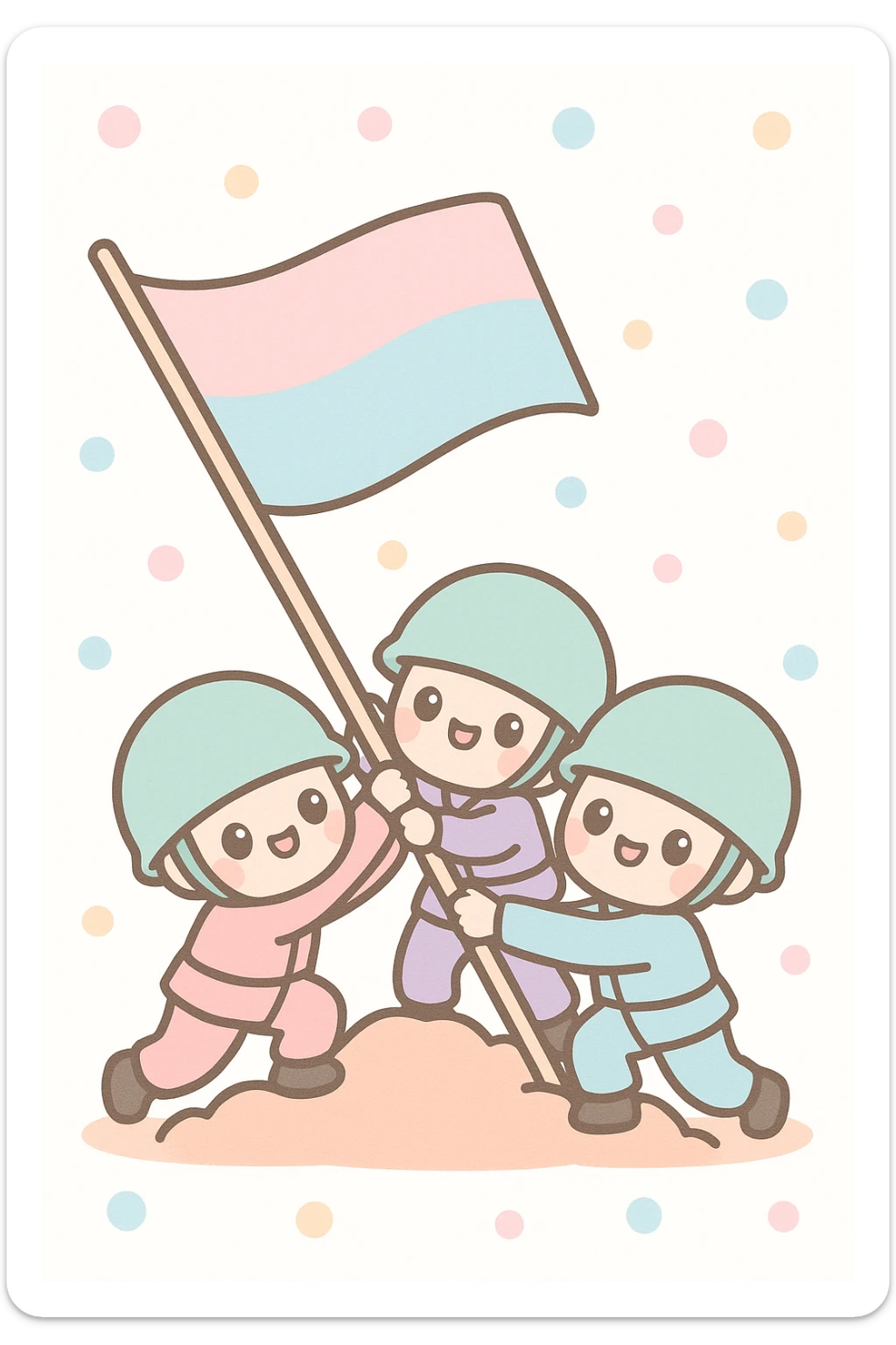 three soldiers pushing a flagpole inspired by the Raising the Flag on Iwo Jima photo, kawaii style, cute and playful, no text sticker