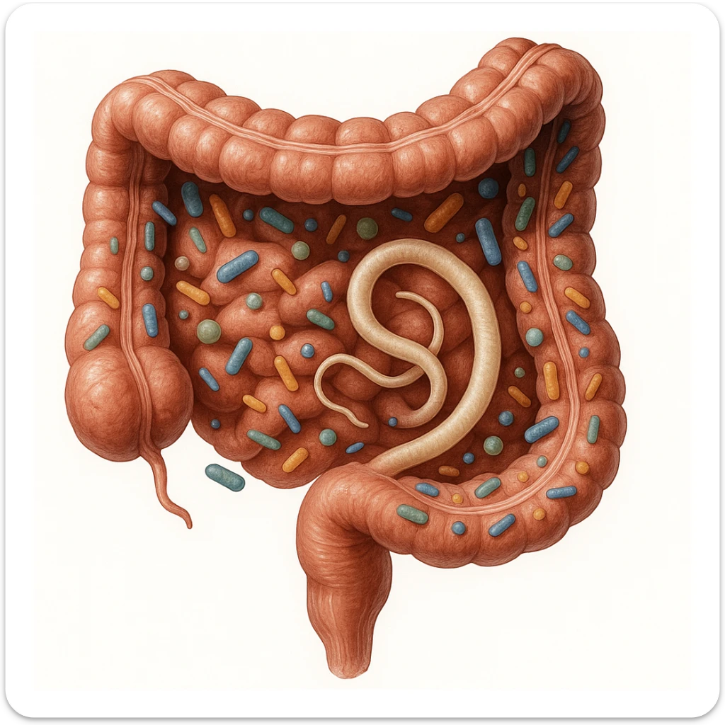 a medical illustration of a human realistic gut with bacteria and parasyte sticker