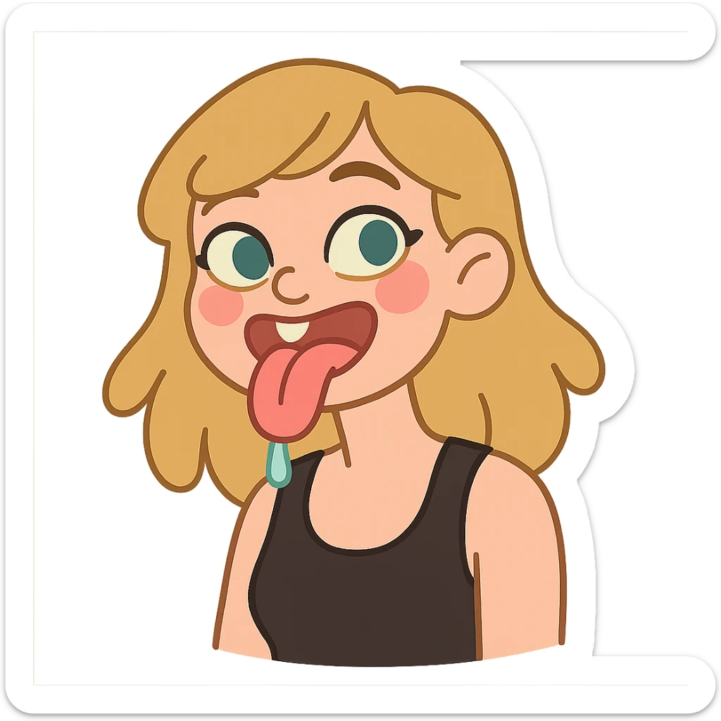 dirty blonde girl with blueish green eyes, black tank top, sticking tongue out and drooling sticker