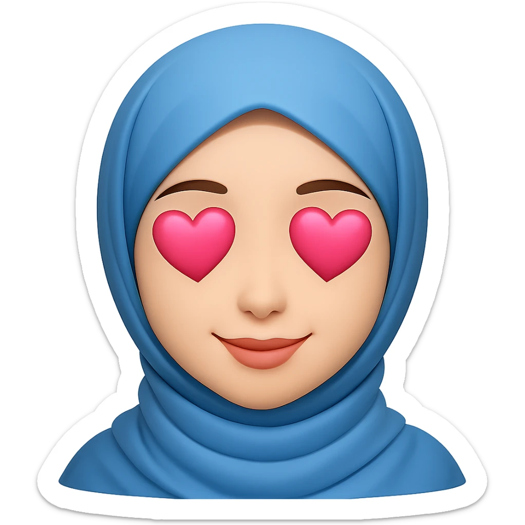 Edit the image of a young beautiful Muslim woman in a hijab in emoji style. Change the blue love hearts in her eyes to pink. Keep the emoji style look and no background. sticker