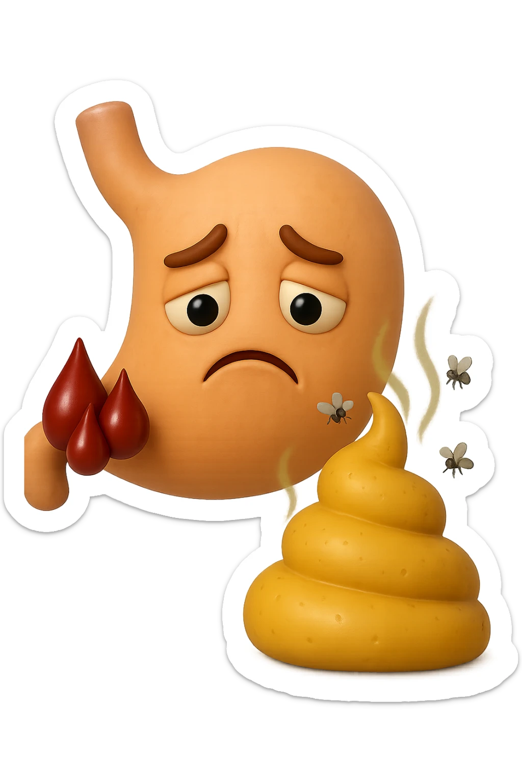 emoji stile iphone 3d di cacca gialla e liquida che emana fumi e cattivo odore, mosche gli girano intorno, iperrealistiche 4k sticker