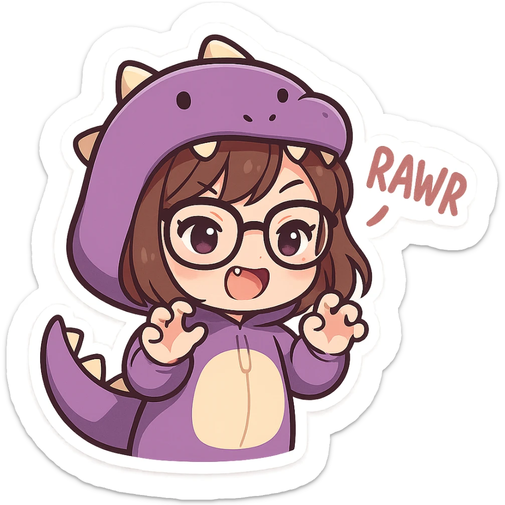 chibi anime style girl with glasses, brown hair, dark purple eyes, wearing a purple dinosaur costume, saying 'rawr' in a cute playful way, clawing the air with her hands, showing her teeth, no background sticker