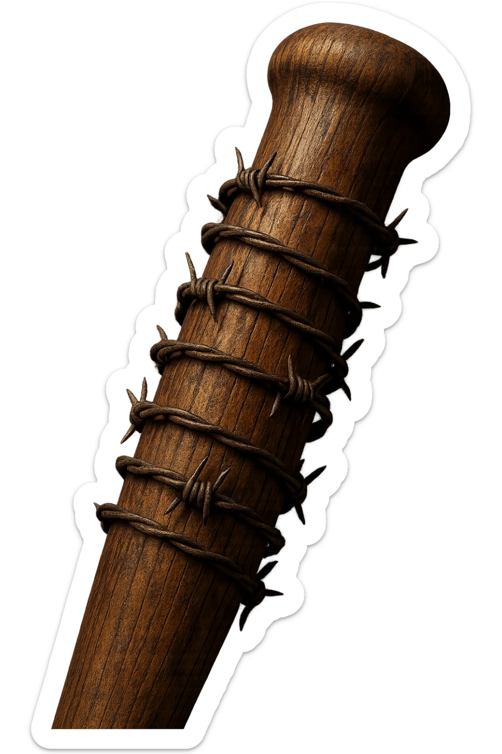 Close-up of a wooden baseball bat with barbed wire spiraling around it, referencing Lucille, with dramatic lighting, transparent background sticker