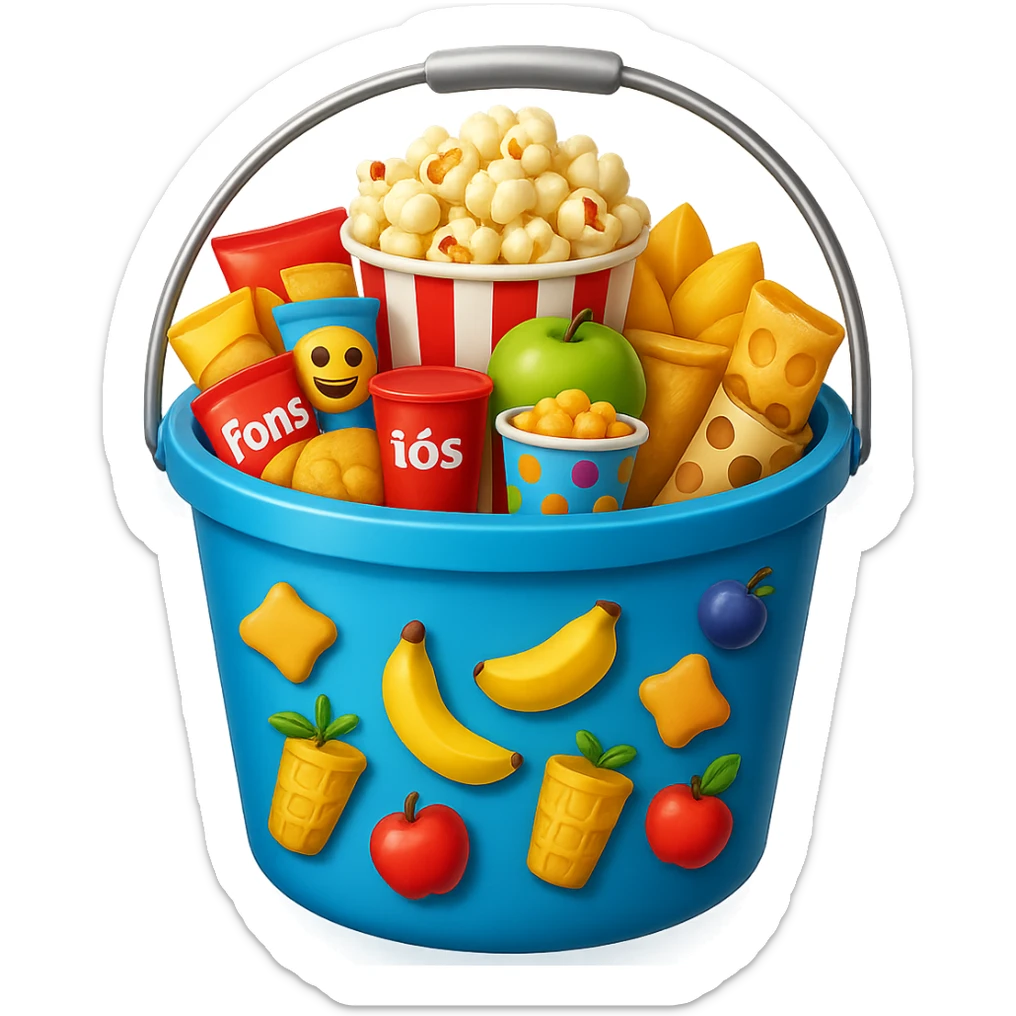 Add popcorn to the snacks bucket emoji in the style of apple emojis with no background, maintaining the apple style look and feel. sticker