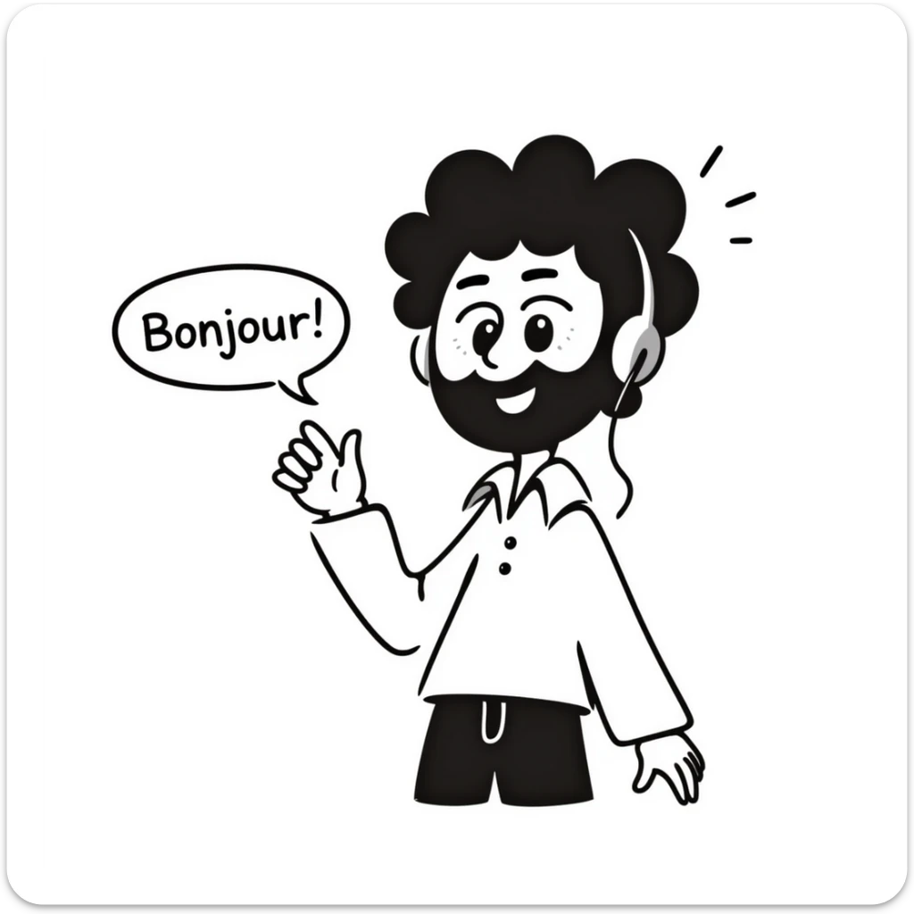 Anime-style character saying "Bonjour!", with black hair, brown eyes, black beard, wearing gaming headphones, Japanese animation style sticker