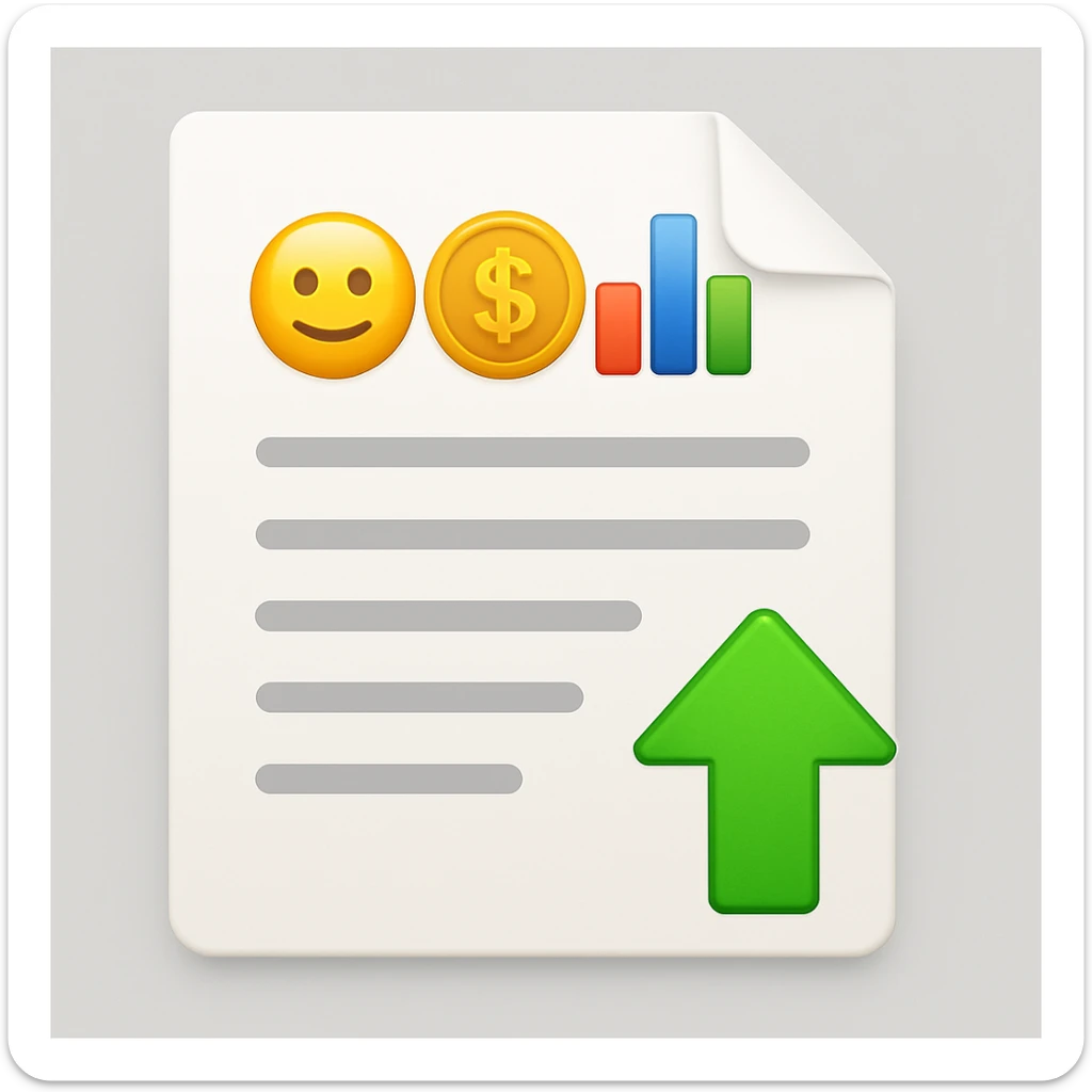 Change the upward arrow at the bottom right of the document to green, keep the rest of the emoji the same. The style is a document emoji with an upward arrow at the bottom right. sticker