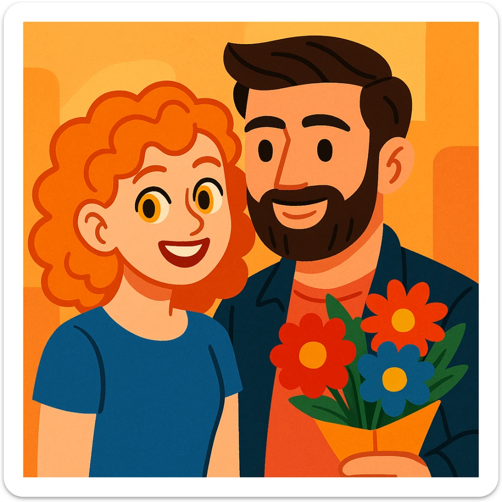 a curly haired girl with yellow eyes and hair parted from the right side, smiling beside a handsome bearded man holding a bouquet, modern, colorful, and charming sticker