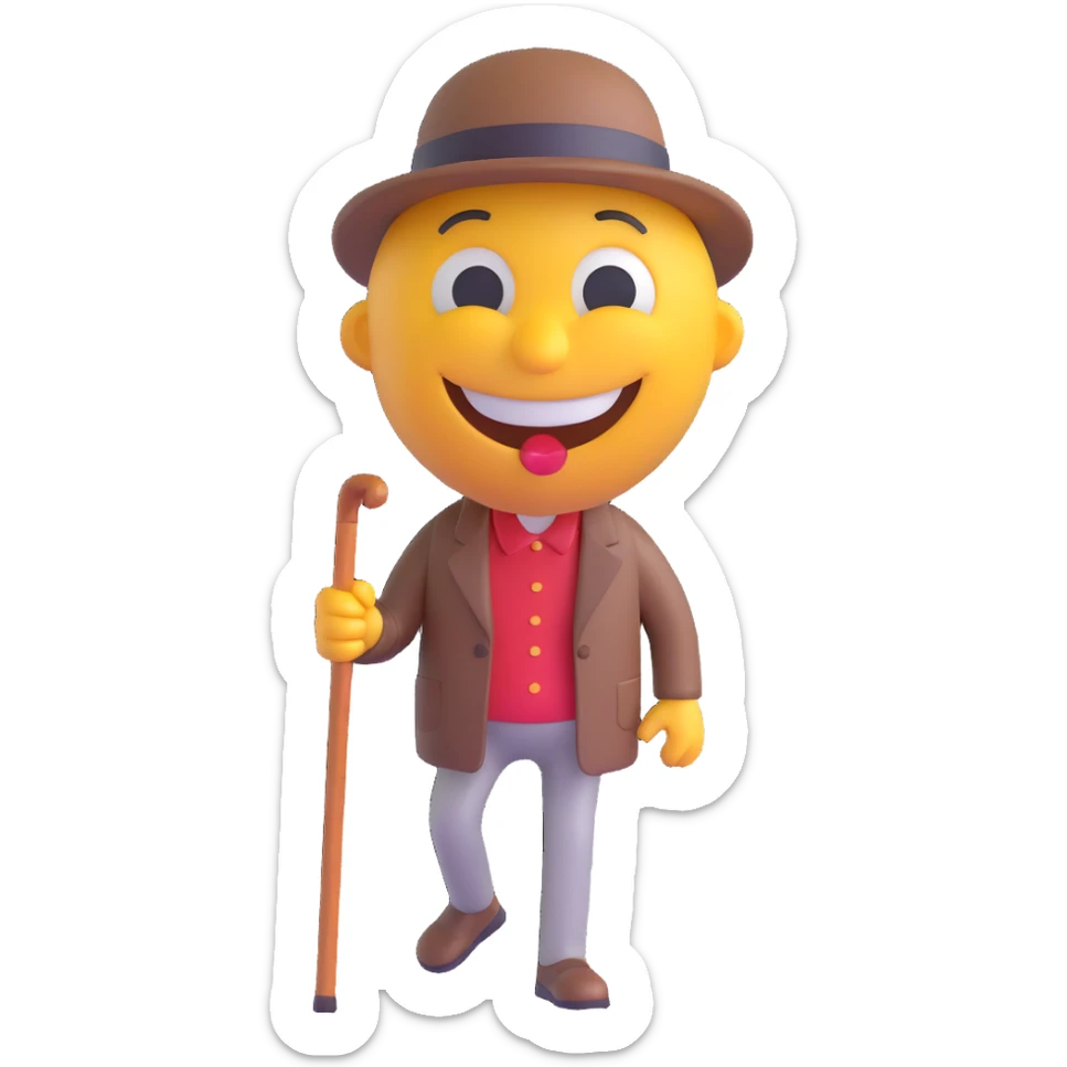 3D smiley emoji, round shape, grandfather with walking cane, brown color, smiling face sticker