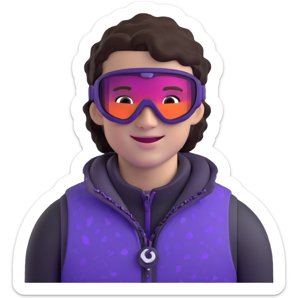 close-up of cool guy male athlete with white skin and moderately curly dark brown hair on top with shaved sides, wearing ski goggles with purple frames and very dark black lenses, winking behind the goggles, with an open mouth confident smile like a cool guy, a simple plain black chain necklace, and a completely unzipped sleeveless vest with purple and black sequin fire pattern design with no logo sticker