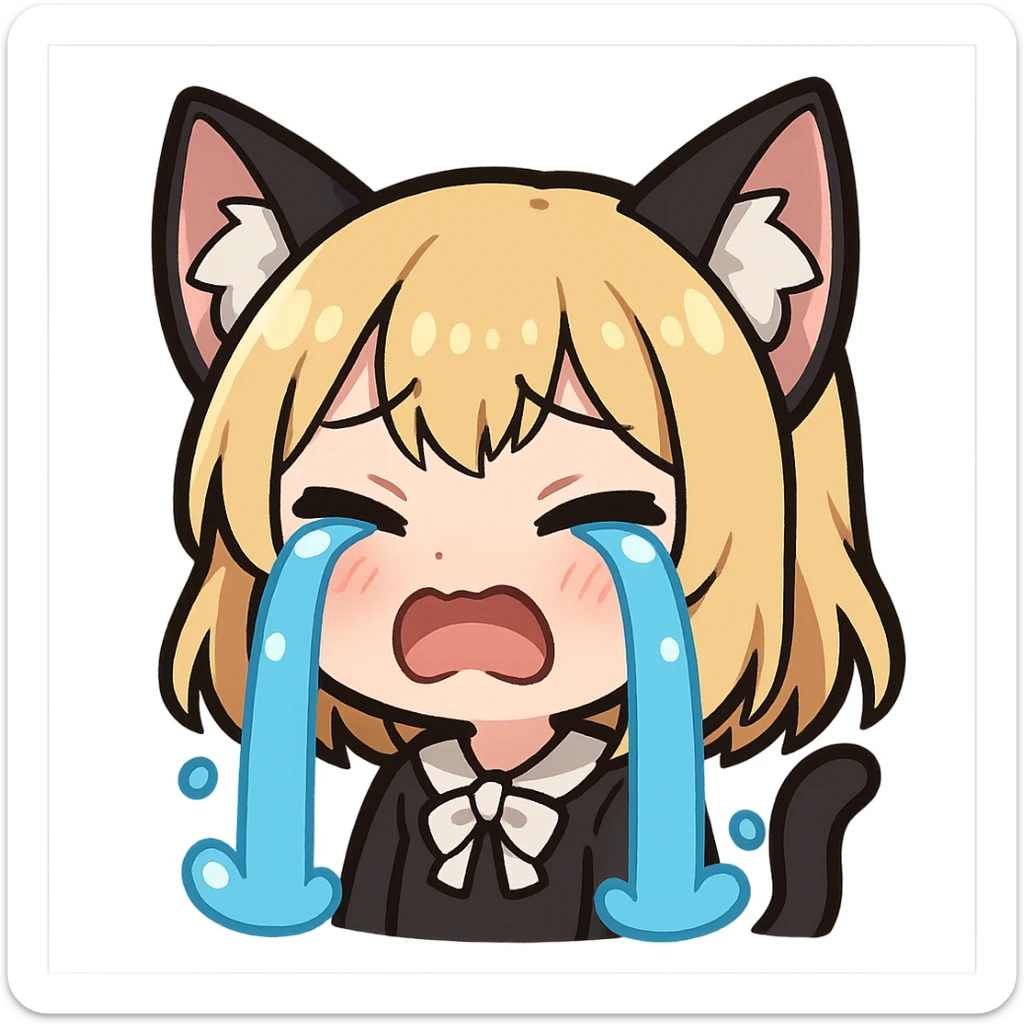 chibi anime catgirl with black and white cat ears, blonde hair, blue eyes, white skin, cute, crying expression, Twitch emote sticker