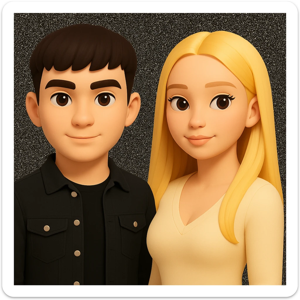 Slightly increase the volume of the upper body of the girl, separate the girl and the boy from each other, and make the skin color the same for both characters. Maintain the cartoonish 3D style in the edit. sticker