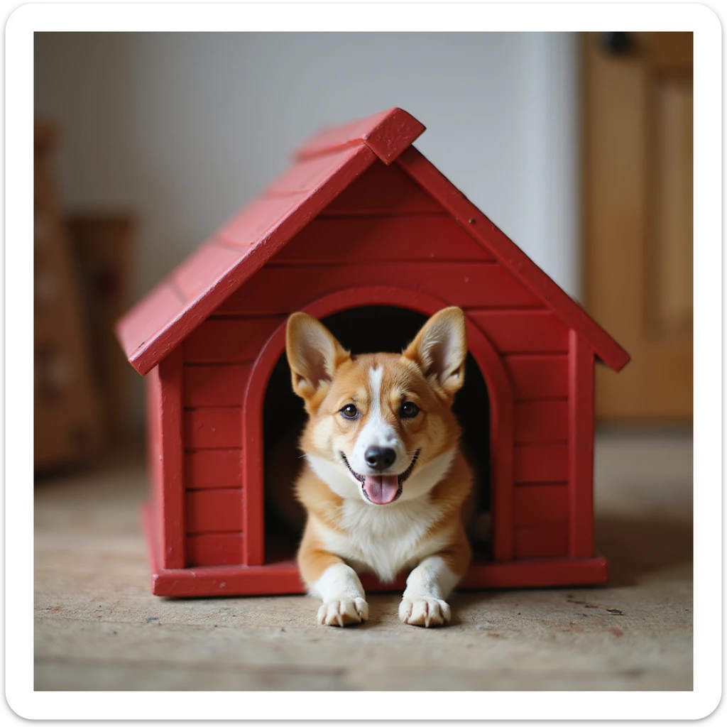 realistic red dog house with a Corgi dog inside, Corgi with a kitten, photorealistic style sticker