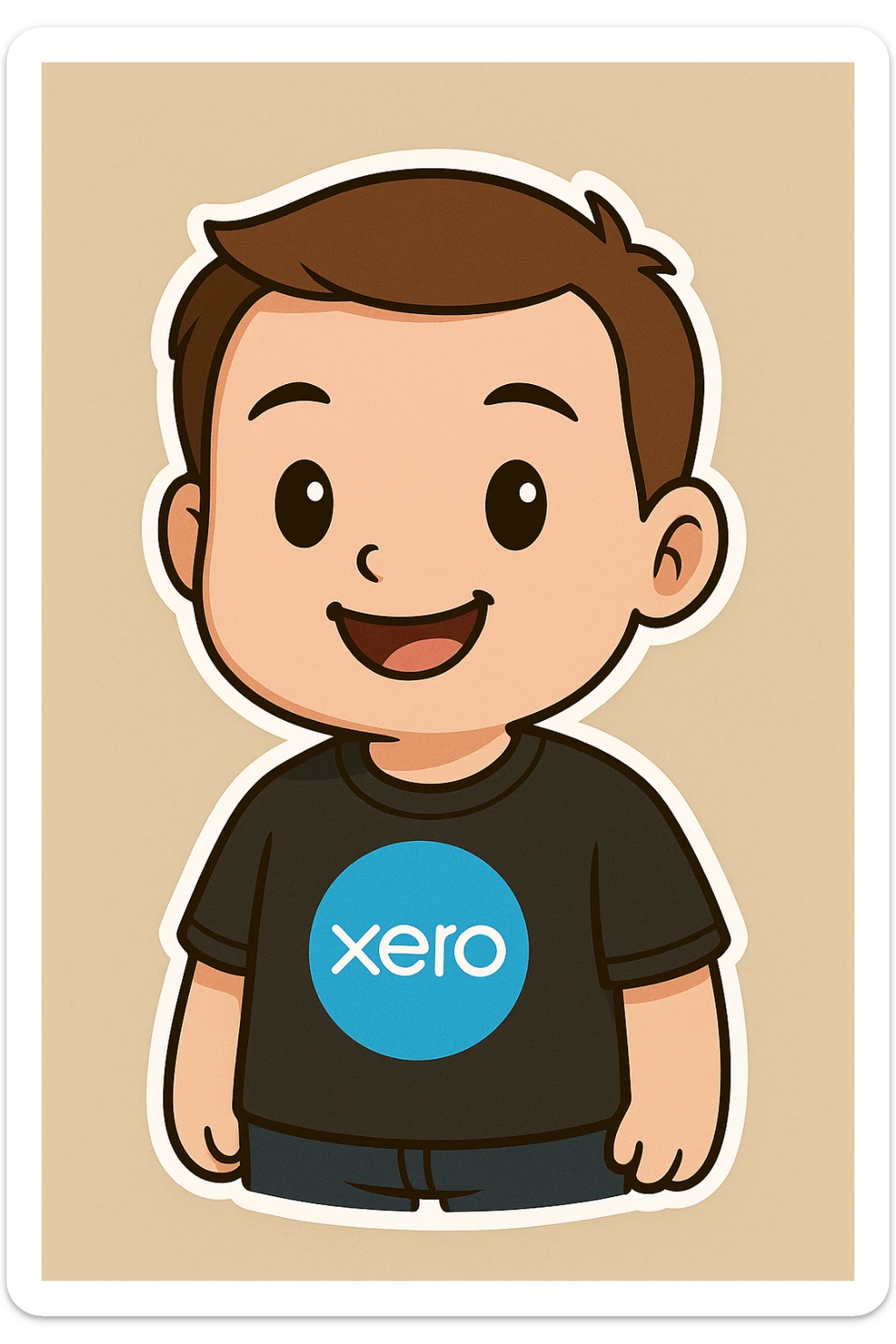 Make the man smile, keep the cartoon style, brown hair, no beard, no glasses, black Xero software company t-shirt, same pose and style as reference. sticker